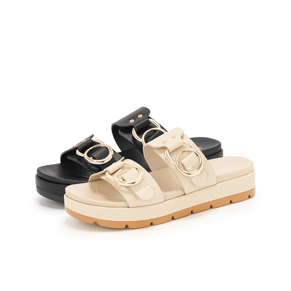 Thick Sole Two Strap Slides with Gold Buckle Comfort Sandals 4585